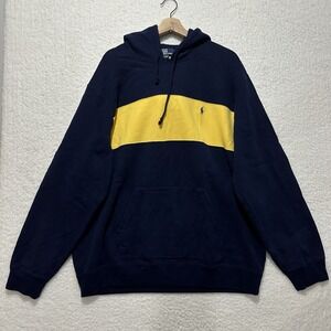 Vtg Polo Ralph Lauren Men's Hoodie Sweatshirt Pullover Navy Blue & Yellow Sz 2XL